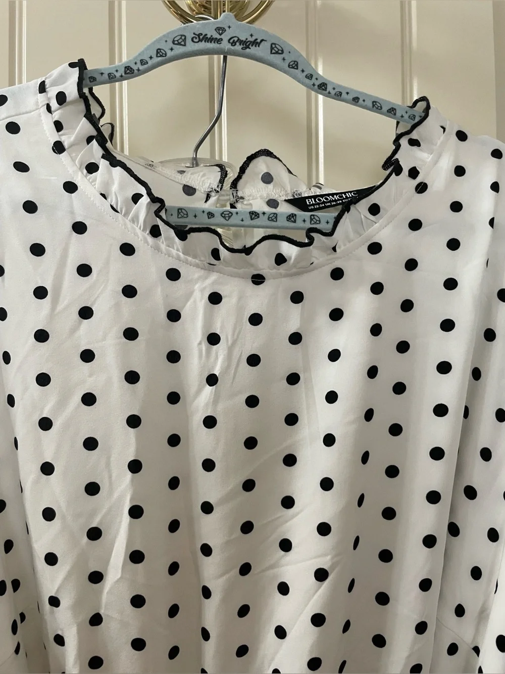 BloomChic White Midi Dress with Black Polka Dots & Black Waist Tie - Picture 2 of 4